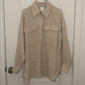 H&M Cream Plaid Shirt with Pearl Accents